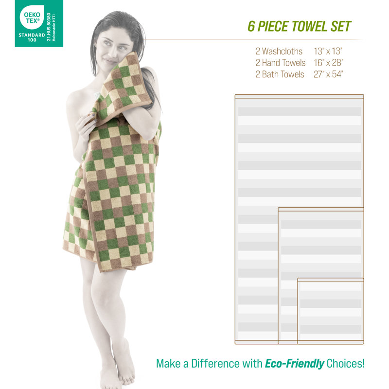 Luxury Extra Soft 100% Cotton 6 Piece Bath Towel Set, Brown/Green/Beige