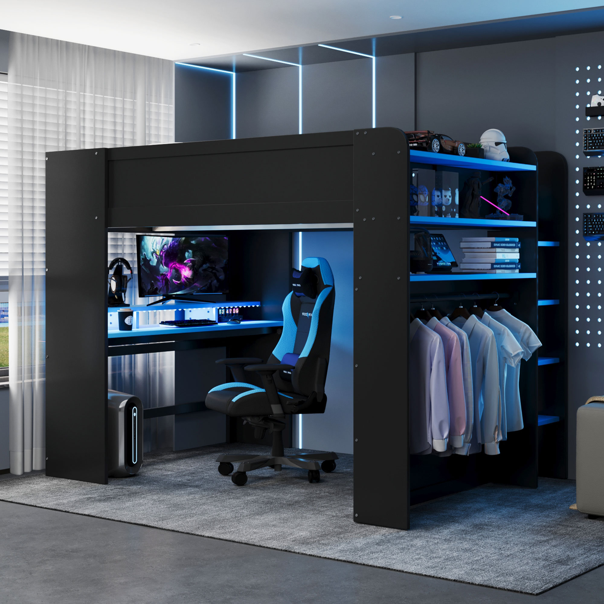 Wrought Studio™ Blue Gaming Loft Bed With Storage And Led Lighting ...