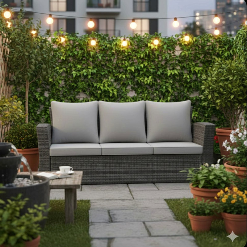Canapé de patio 67,7 po en osier 3 places avec coussins gris épais et structure noire, Gris, Gris