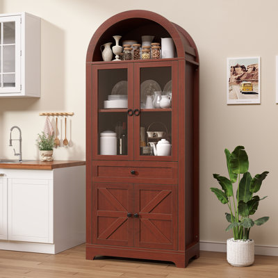 71" Tall Arched Storage Display Cabinet, Farmhouse Kitchen Pantry with Glass Doors, Drawer and Shelves