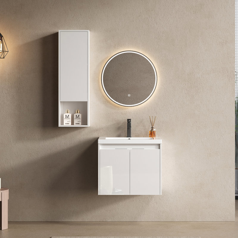 Meuble-lavabo 24 po avec lavabo en résine, 2 portes à fermeture douce, armoire murale, fixation à flotteur, blanc brillant, contreplaqué, fermeté et flexibilité