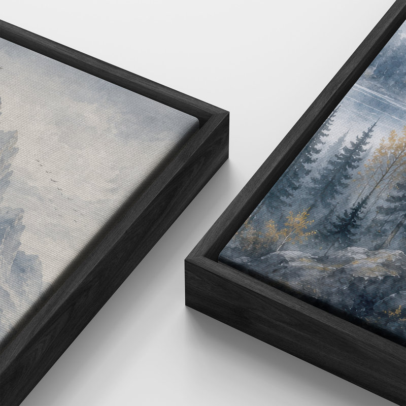 Forêt de pins brumeuse des montagnes, bleu-gris – Ensemble de 2 impressions d'art encadrées sur toile 60 po x 20 po x 2