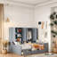 Lit de jour multifonctionnel avec bureau, tablettes, armoires et tiroirs, cadre de lit peu encombrant avec rangement, aménagement réversible, cadre en bois pour la chambre à coucher, appartement, bureau à domicile-112651672-112651678