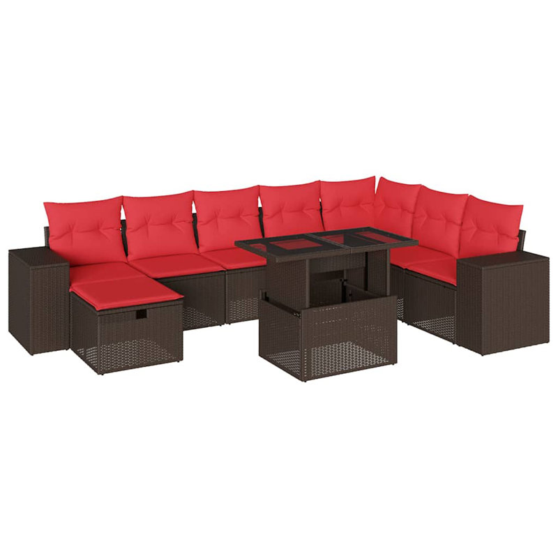 Ensemble de canapé de patio 9 pièces avec coussins en rotin de polyester, Rouge, Brun