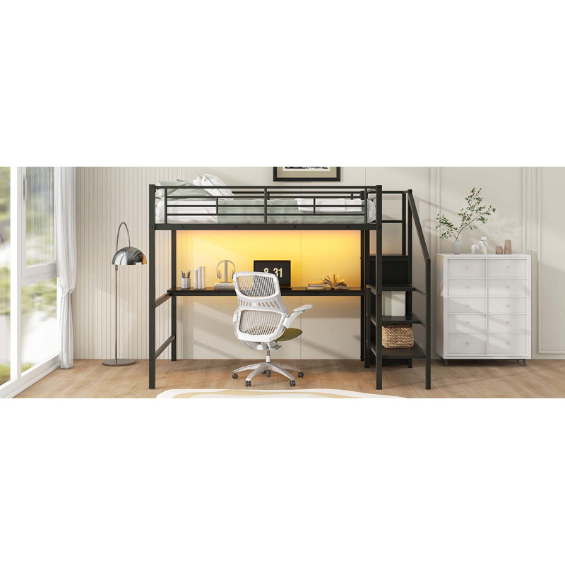 Lit mezzanine double en métal avec bureau, escalier de rangement, petite armoire et lumière DEL
