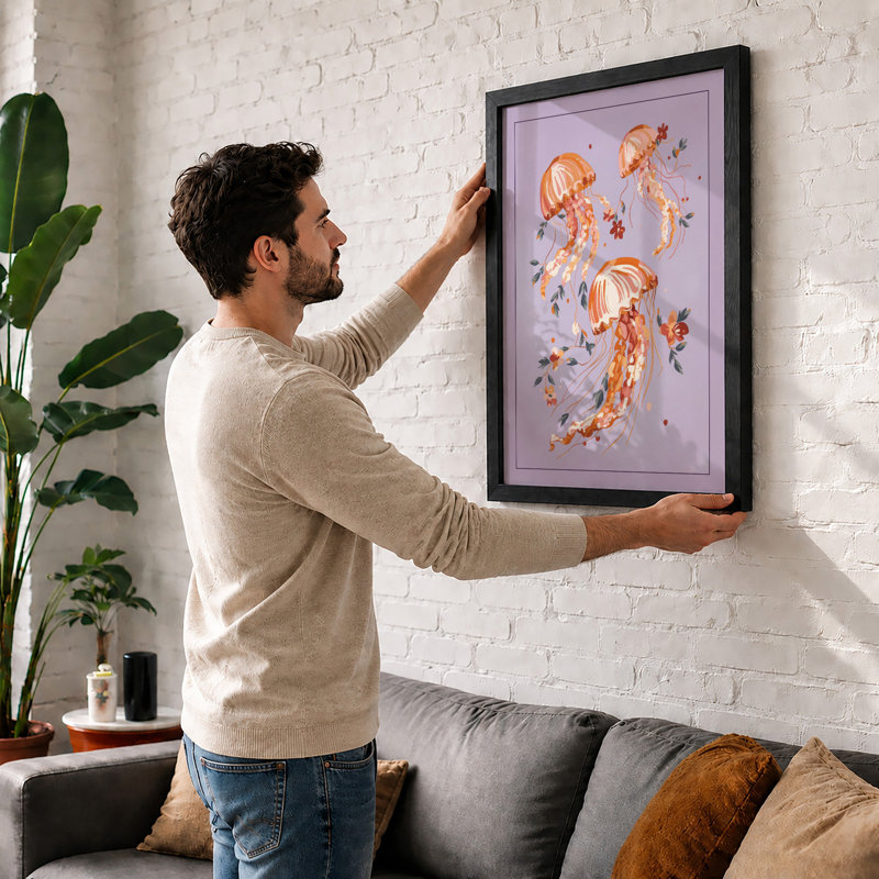 Drifting Jellyfish Coastal Framed Print, A3 - 42.0 x 29.7 cm, White
