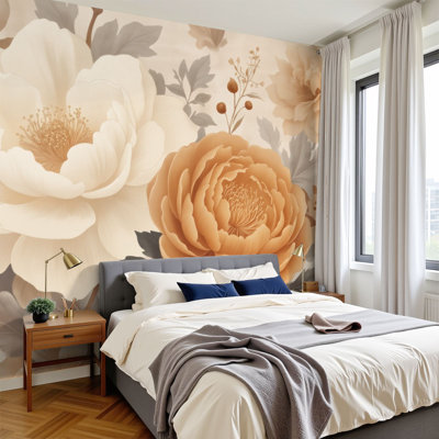 Peel and Stick Wallpaper Soft Floral Bouquet Golden White Peonies Delicate Accents Wall Murals 100"H x 144"W Removable PVC Wall Paper Self-Adhesive Wall Paintings Art Decor for Bedroom Living Room