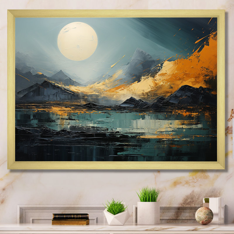 Gris et jaune, paysage de montagne abstrait III - paysage abstrait, Cadre flottant noir, H 24 po x l 32 po x P 1 po