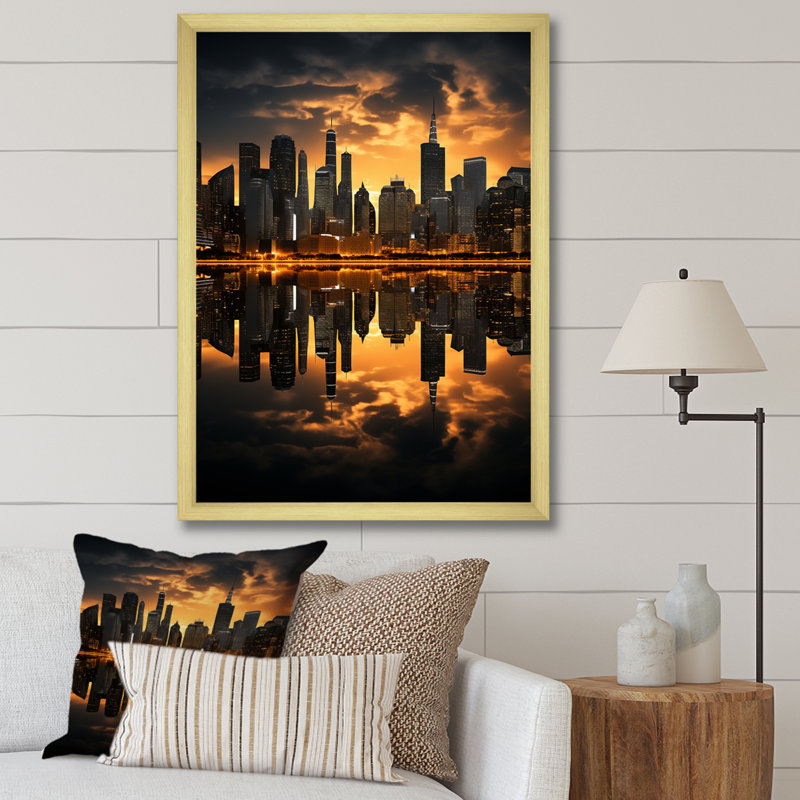 «Blansett Yellow Black Miami City Skylines», reproduction d'art sur toile, H 40 po x l 30 po x P 1,5 po, Encadrement doré