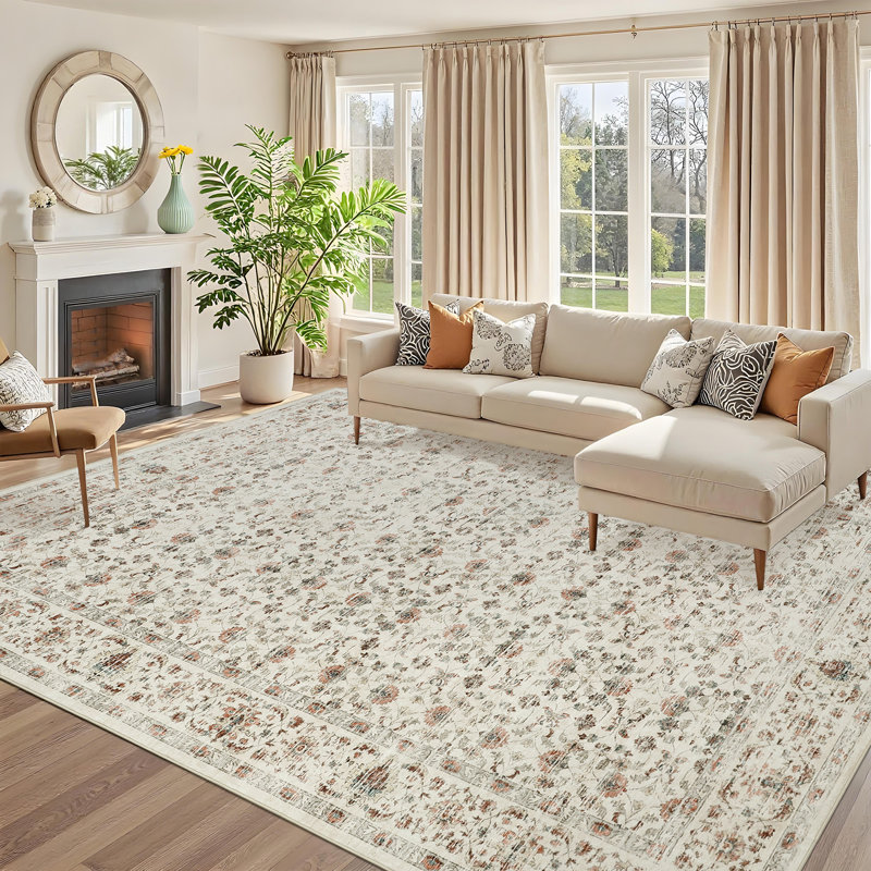 Machine Washable Area Rugs for Living Room, Floral Rugs Oriental Vintage Rugs Distressed Non Slip Stain Resistant Soft Low Pile Carpet for Bedroom Dining Room Nursery Kids Room