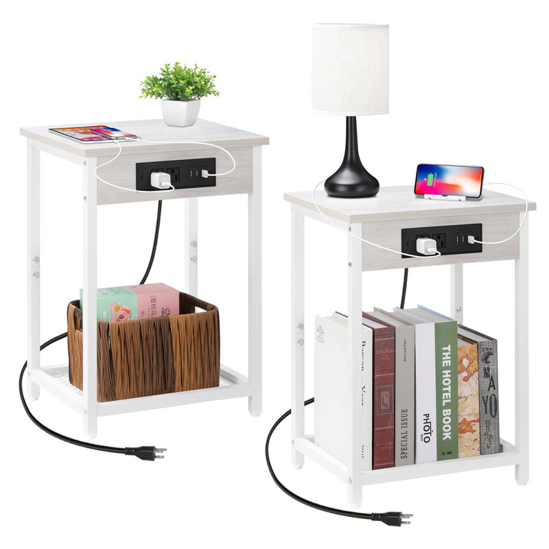 Fika End Table Set and Built-In Outlets, White