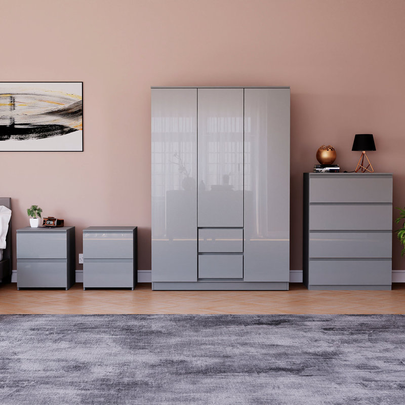 Taniesha 4 Piece Bedroom Set (2 Drawer Bedside Chest X2, 4 Drawer Chest, 3 Door 2 Drawer Wardrobe), (100% FSC), Grey