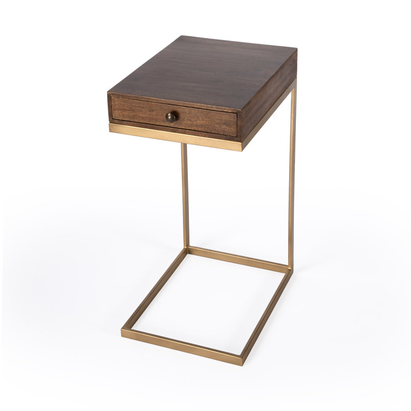  13,75 po Alec Table de bout rectangulaire en forme de C à 1 tiroir en bois brun moyen W
