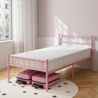 Twin XL Metal Bed Frame with Headboard & Footboard, 12.2" Storage, Pink