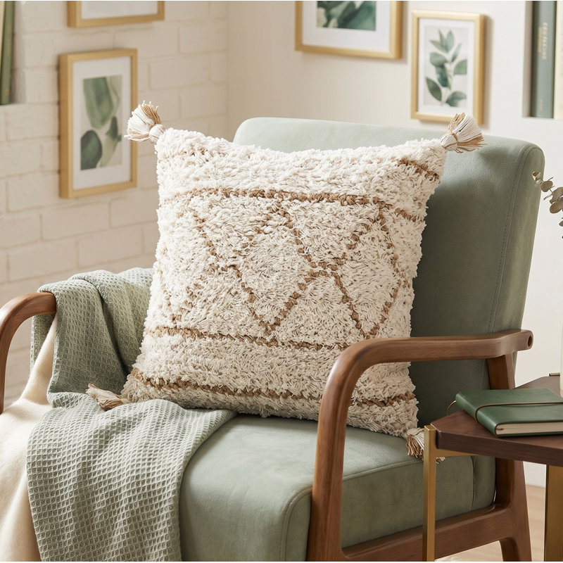 Coastal Geometric Motif Tasseled Woven Cotton Blend Decorative Throw Pillow, Polyester/Polyfill