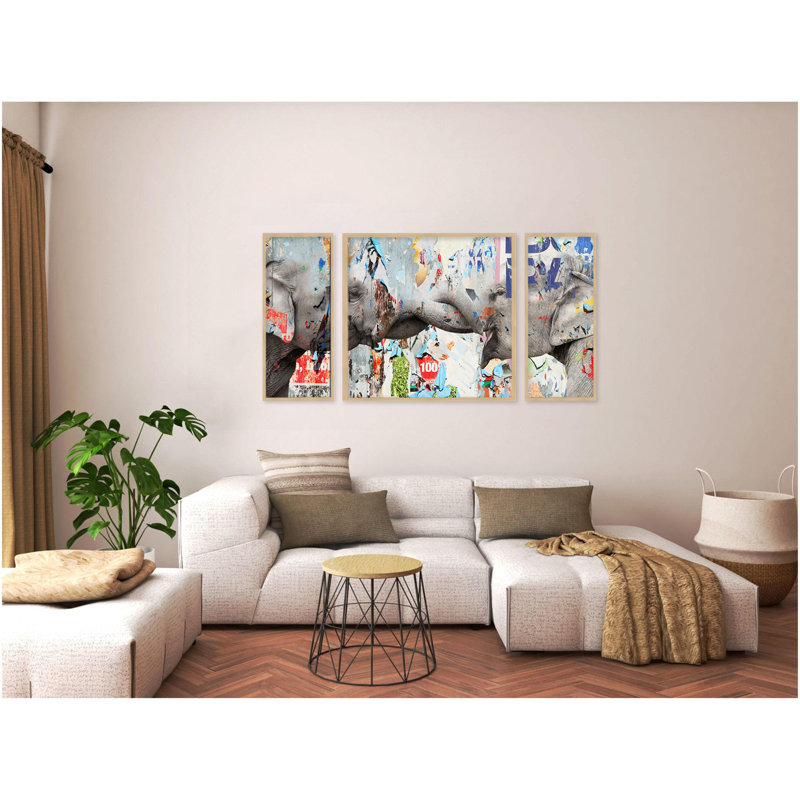 «Saddle Ink Elephant VI» par Tristan Scott - ensemble de 3 reproductions sur toile, H 40 po x l 60 po, Blanc