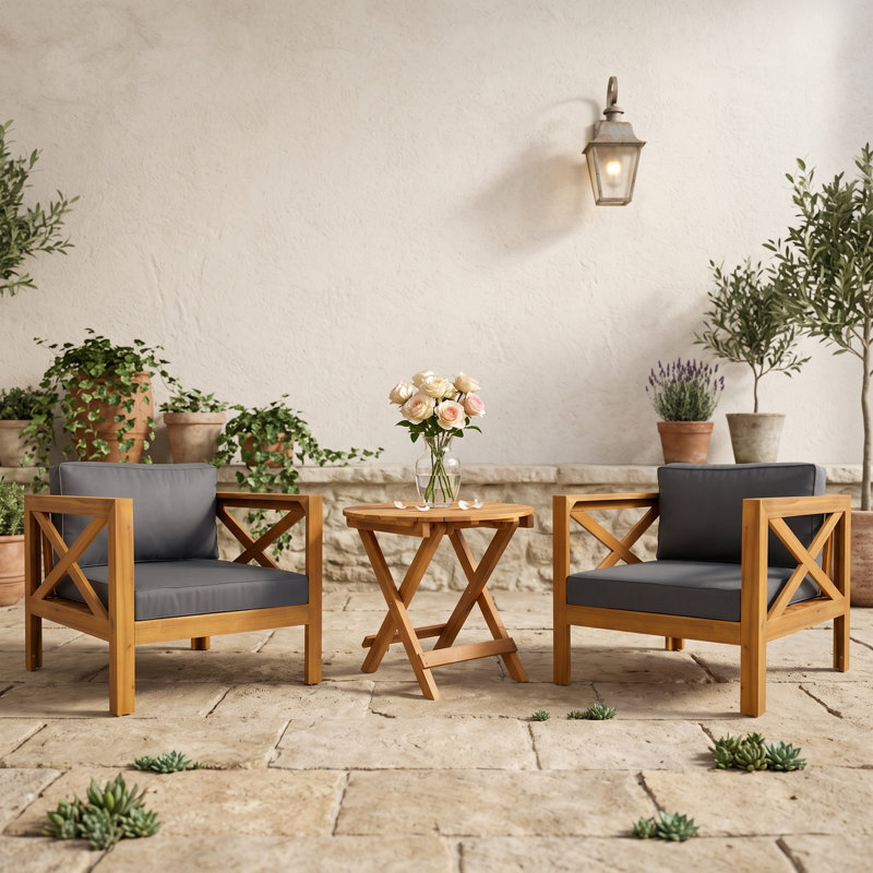 Ensemble de conversation en bois pour patio avec table d'appoint pliante, Teck gris foncé