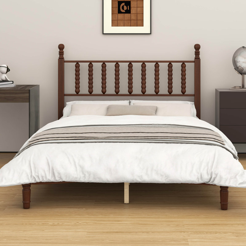 Lit plateforme en bois avec tête de lit en forme de gourde - style rétro + support en lattes de bois, Lit double