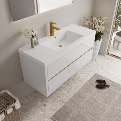 Meuble-lavabo mural 48 po avec lavabo, meuble de rangement flottant pour salle de bain avec comptoir en résine de pierre et tiroirs à fermeture en douceur entièrement assemblés, blanc brillant 24V15-48GW_X2
