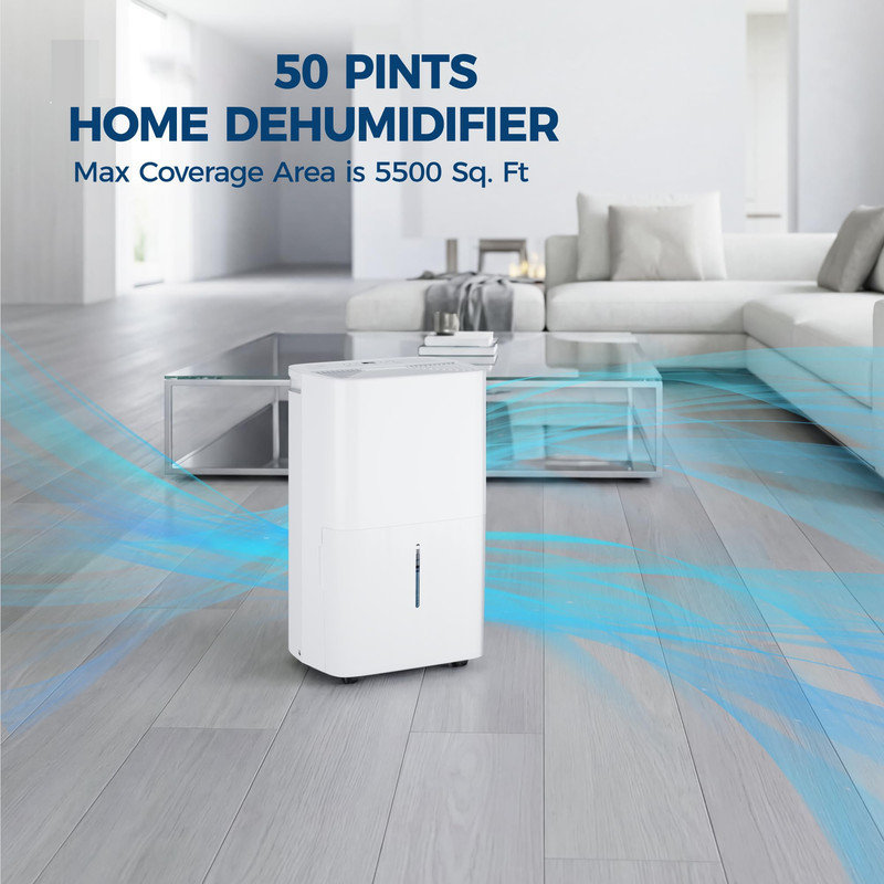 Déshumidificateur 50 chopines pour 5500 pieds carrés, compact avec roues et commandes numériques pour le sous-sol, les grandes pièces et la salle de bain