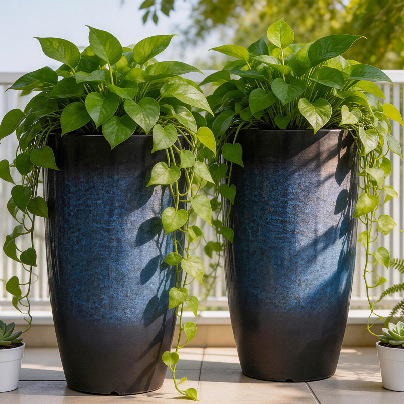 23.5" Tall Plastic  Planters for Outdoor Plants Modern Large Flower Pots Faux Ceramic Glaze, Dark Blue