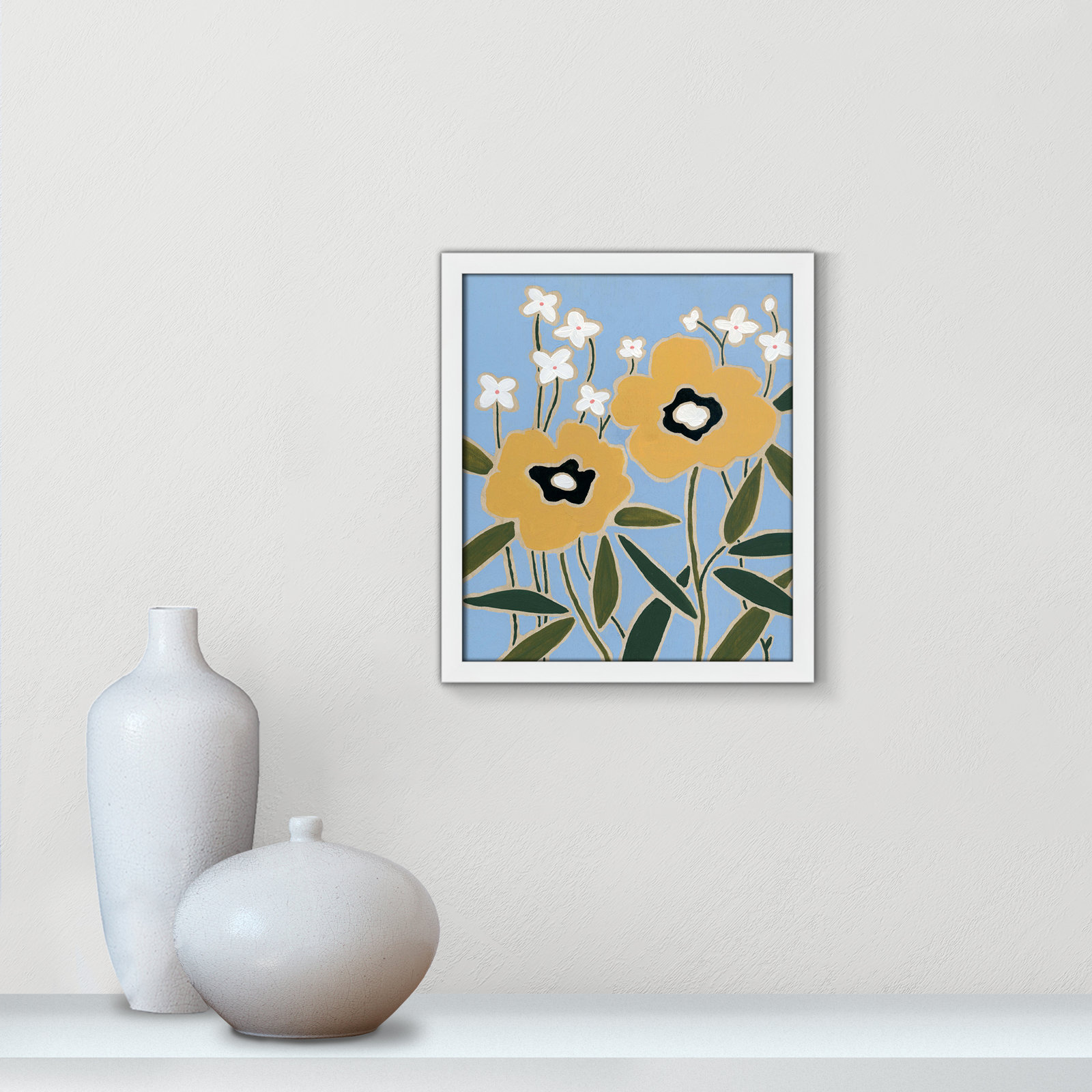 Maura "Woodblock Floral II" Print, 15" H x 13" W x 1.25" D, Satin White Framed