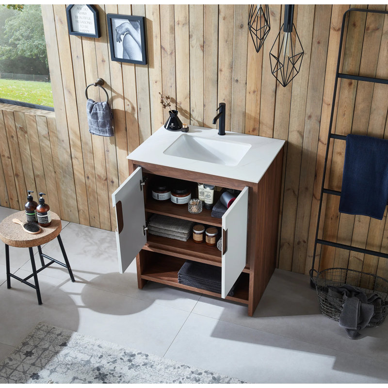 Lyon 30" W Single Vanity, Beige/Walnut, White
