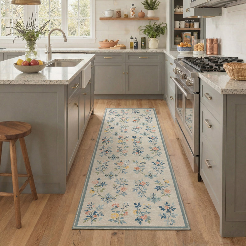 Verdura Floral Machine Washable Beige / Green / Blue Indoor Area Rug with Non-Slip Backing, Runner 2'6" x 8'
