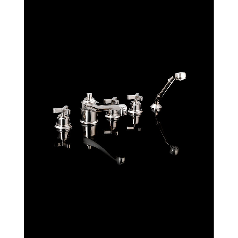 Tribeca 3 Handle Deck Mounted Roman Tub Faucet Trim with Handshower, Polished Nickel
