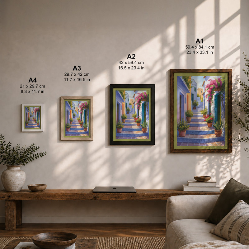 Mediterranean Alleyway Coastal 1 Piece Single Picture Frame Wall Art, A2 - 59.4 x 42.0 cm, Black