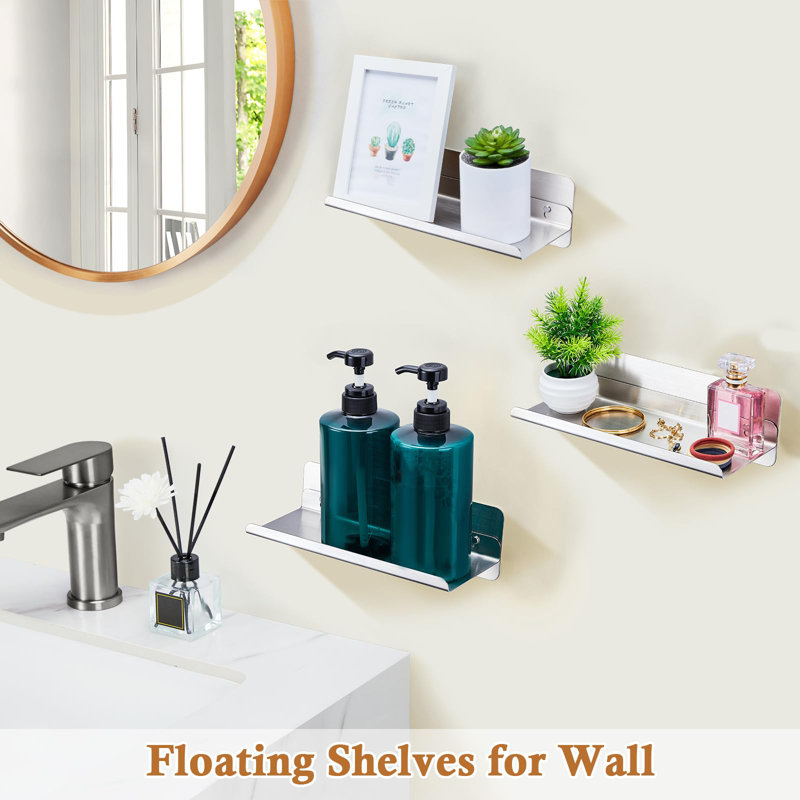Small Bathroom Shelf, Floating Shelf For Wall, Adhesive Wall Shelf, Stainless Steel Bathroom Floating Shelf, Wall Mounted Floating Shelf, Silver Display Shelf,(Silver)