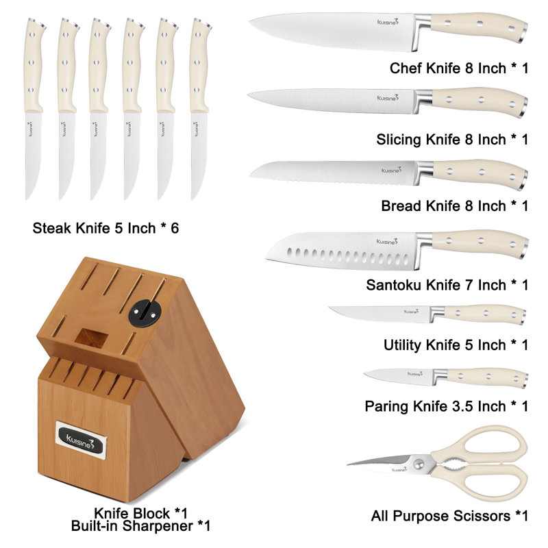 Kuisine 15-Piece High Carbon Stainless Steel Kitchen Knife Set,ABS Handle Chef Knife Set,Acacia Wood Built-In Sharpener Knife Block