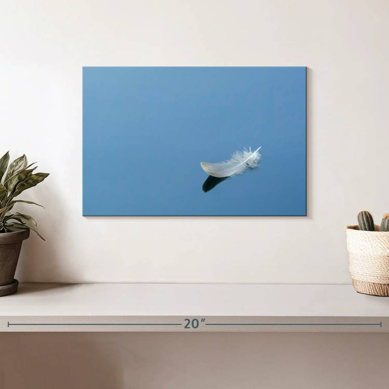 Plume blanche sur fond bleu Kerner, H 8 po x l 12 po