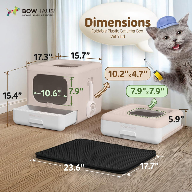Bac à litière pliable pour chat avec couvercle pour chaton, petit bac d'entrée et de sortie pour chat avec pelle, tapis pour chat et porte-odeur, bac à litière facile à nettoyer, beige