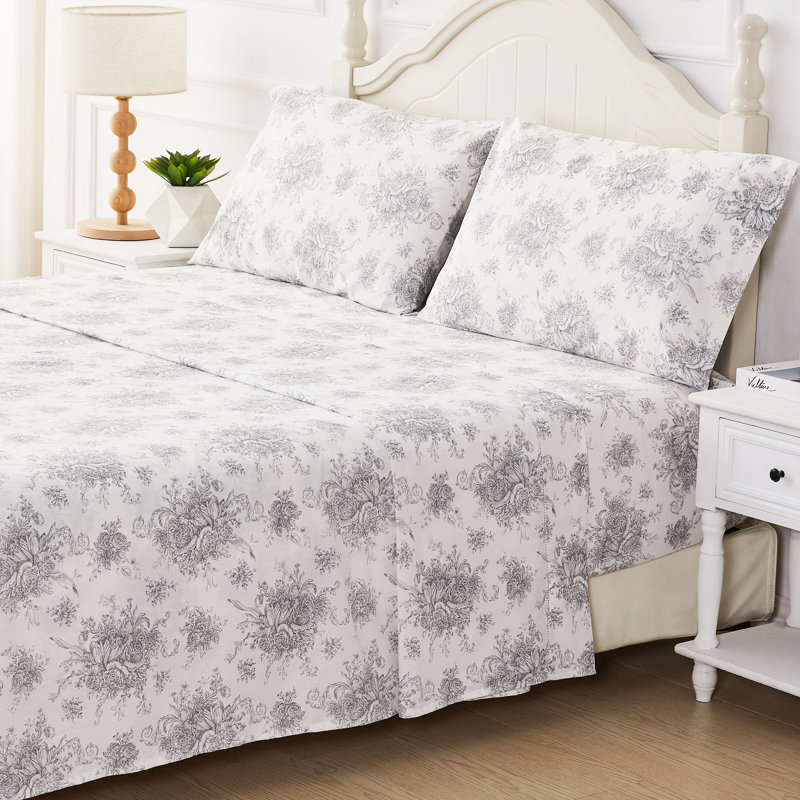 Petit Toile Printed Cotton Percale Sheet Set, Full Sheet Set with 2 Standard Pillowcases, Gray