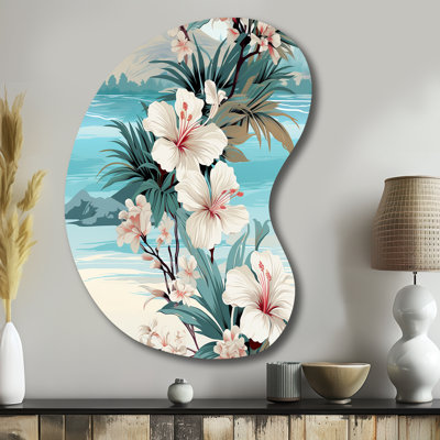 Motif tropical de bord de mer de réflexions - art mural en métal asymétrique côtier, forme unique en métal blanc