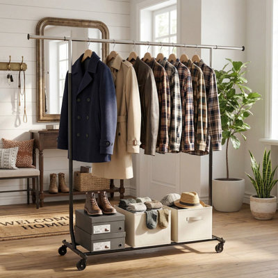 Sturdy Space Saving Rolling Extendable Garment Rack For Bedroom Closet Laundry Room Clothes Hanging Storage Use