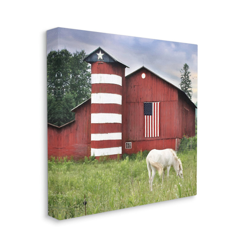 «Grazing White Horse Red Americana», art mural sur toile par Lori Deiter, H 36 po x l 36 po x P 1,5 po