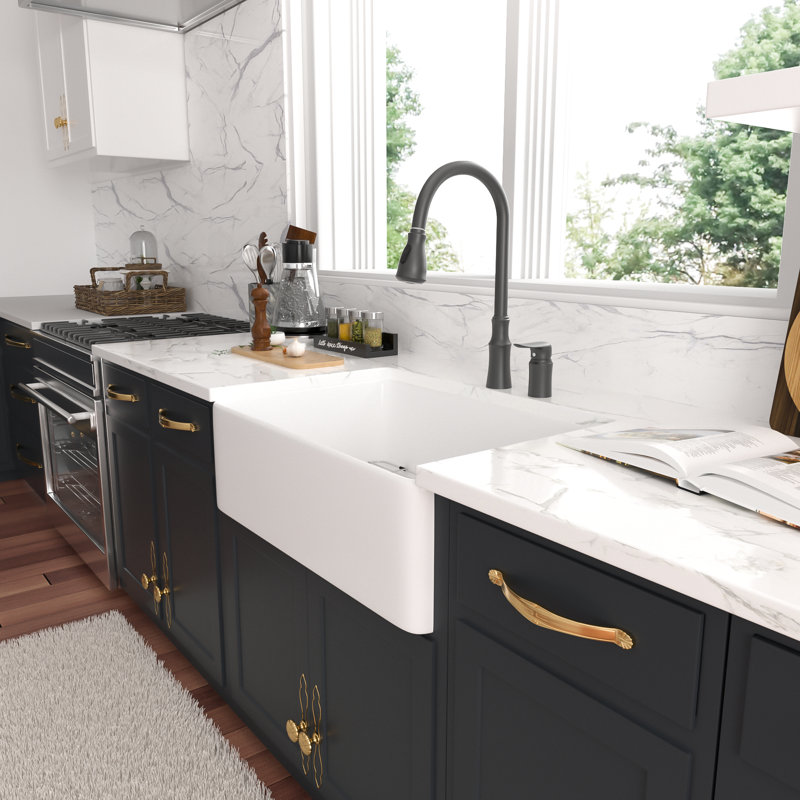 Ceramic 33" L x 20" W Single Bowl White Fireclay Farmhouse/Apron Kitchen Sink with Sink Grid and Basket Strainer