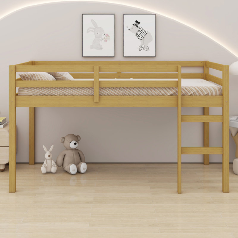 Lit mezzanine avec échelle, plateforme de lit à lattes renforcées, Naturel