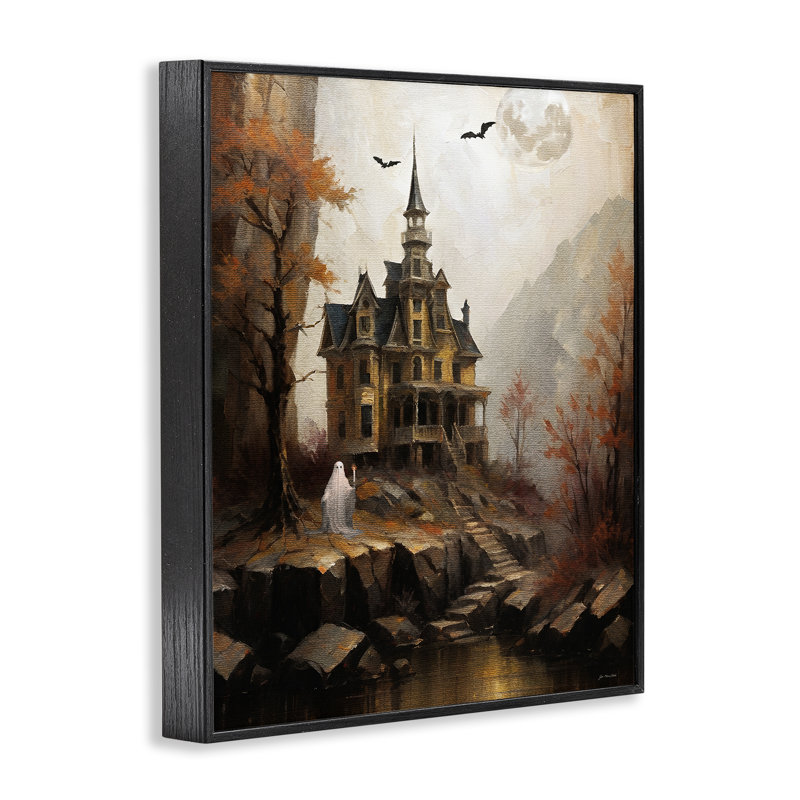 «Haunted Castle with Ghost», estampe numérique de Jo Moulton, Giclée encadrée noir minuit, H 14 po x l 11 po