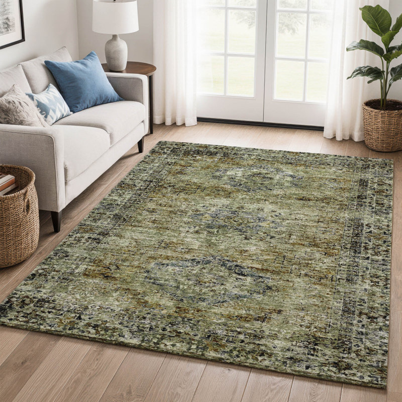 Premium Machine Washable Mayfield global Rug, Aloe, 9' x 12'