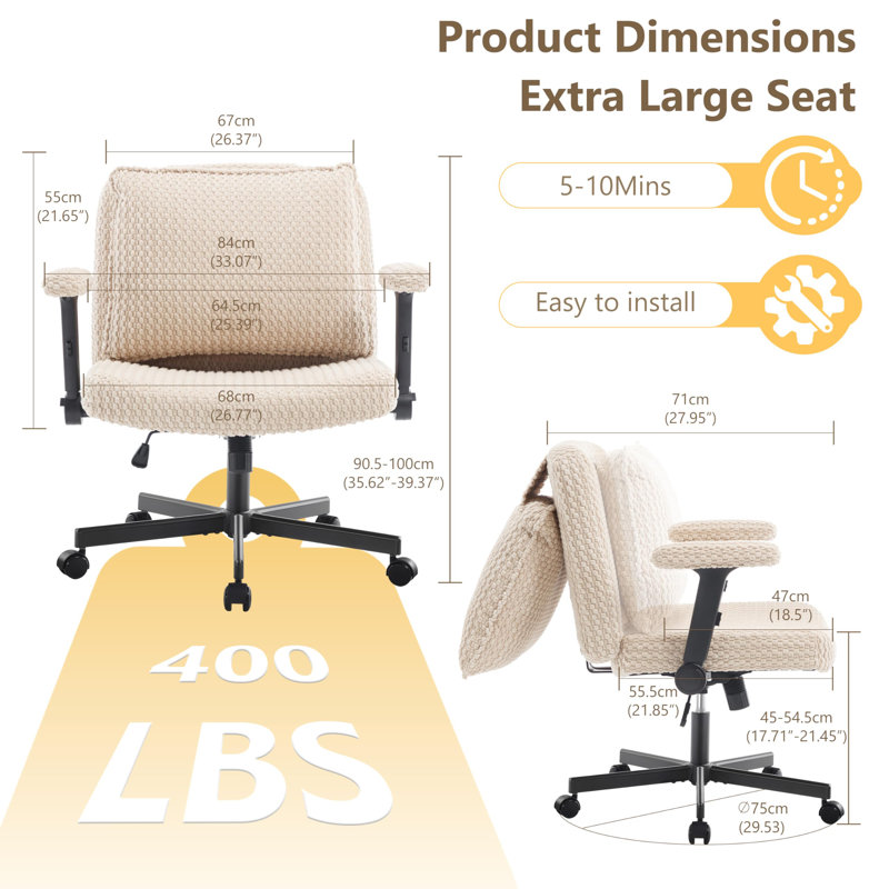 Criss Cross Legged Office Chair with Wheels,Wide Office Desk Chair with Flipable Back Cushion,Mid Back Ergonomic Computer Chairs(Beige)