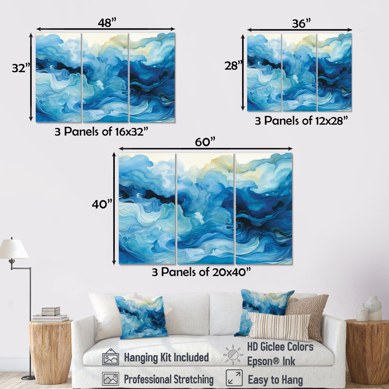 Blue Tidal Ripple Symphony - Abstract Collages, art mural, Toile tendue, H 32 po x l 48 po x P 1 po