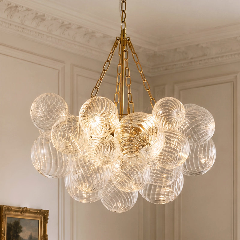 Lustre grappe en verre poli moderne en laiton poli, 4 lumières E12, chaîne réglable, compatible avec plafond incliné