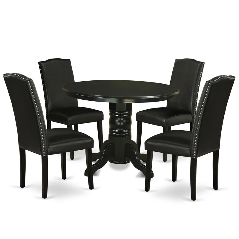 5 Piece Dining Room Table Set Includes a Round Kitchen Table with Pedestal and 4 Black Faux Leather Parson Dining Chairs, Black