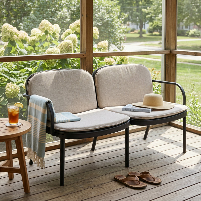 Causeuse d'extérieur en PP Luna, structure noire avec coussin beige Oui + beige, noir + structure résistante à la rouille + coussin résistant à la décoloration + jardin et extérieur + mousse + tissu + plastique