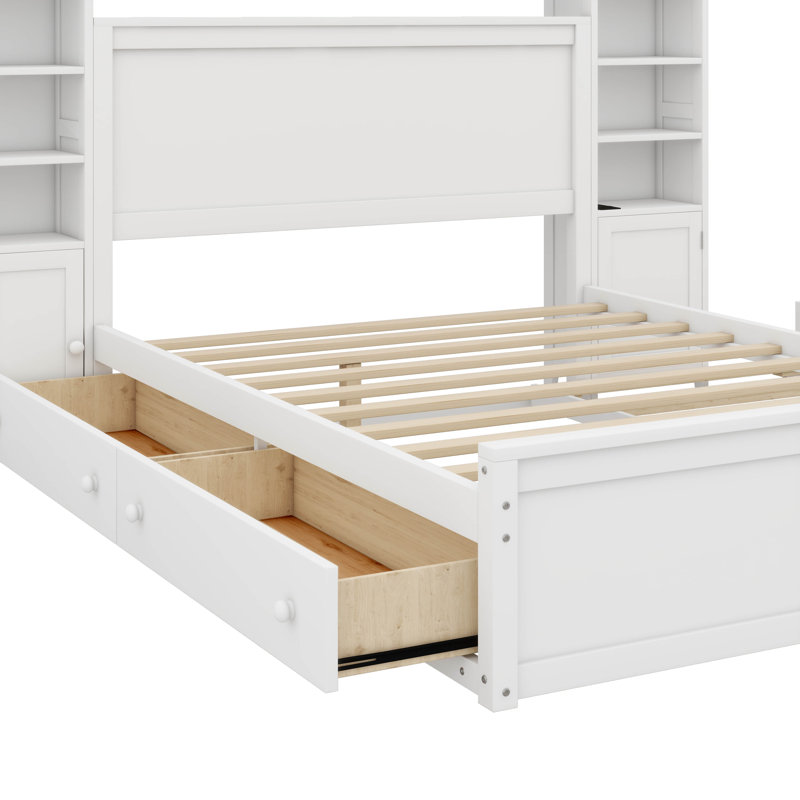 Lit double en bois avec tablettes et prises de courant polyvalentes, Blanc