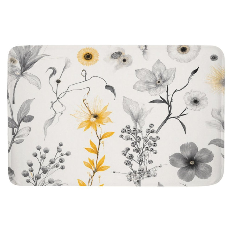 Black White Yellow Floral Decor Bath Rug For Bathroom, 36 X 24