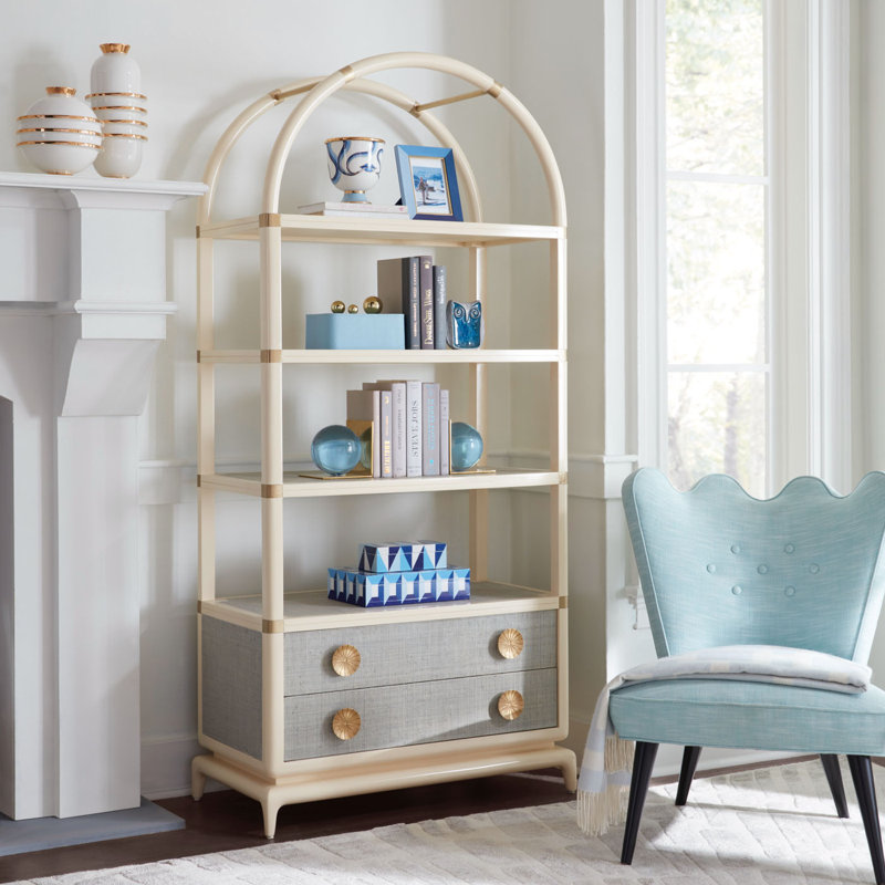 Ivory Mahogany and Brass Arched Bookcase with Drawers